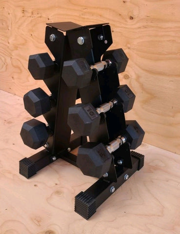 Beginner Dumbbell Set - 3 Pair [60 LBS] 5-15 lbs rubber hex + vertical rack